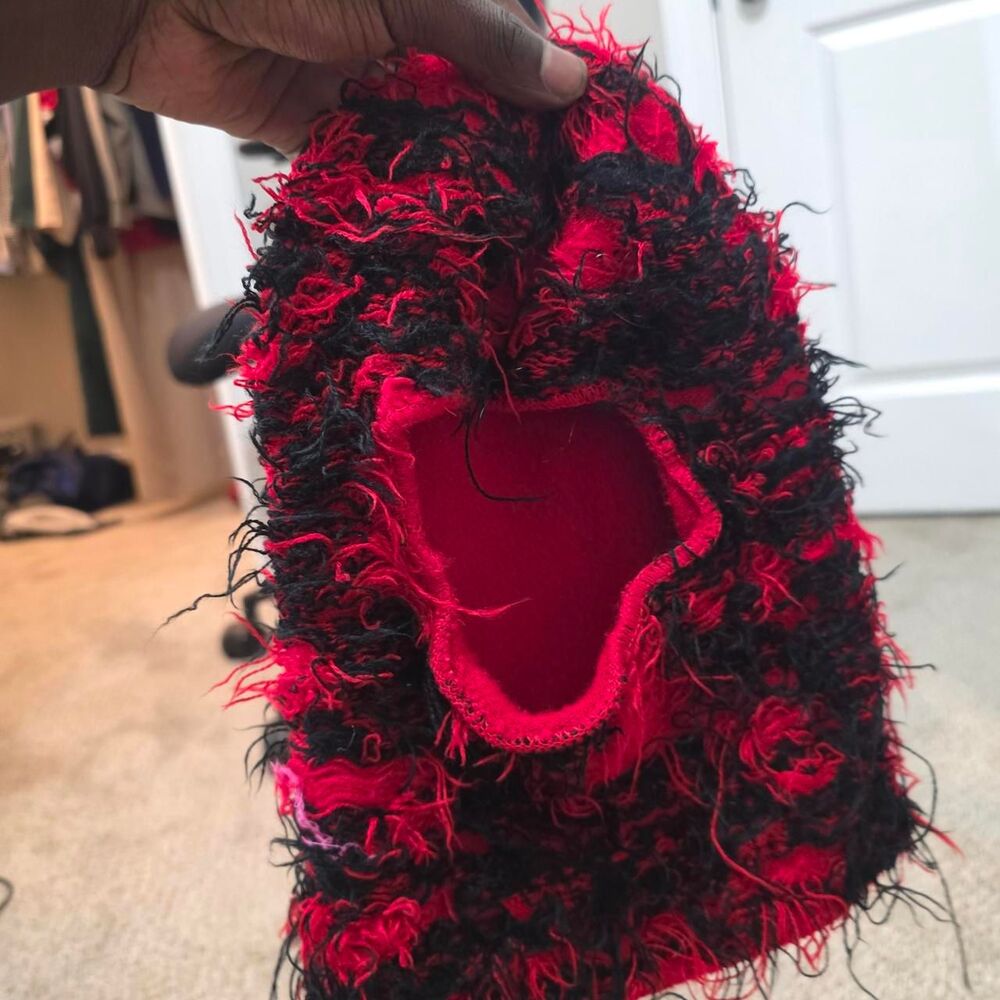 Red & Black Shaggy Balaclava Ski Mask Fuzzy Knit Y2K Streetwear